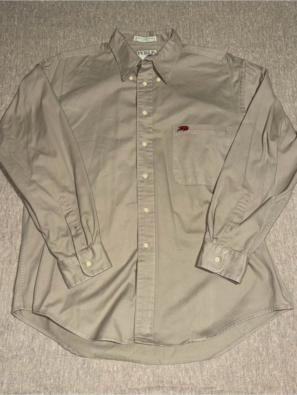 Vintage Perlis Crawfish Logo Button Down Shirt Mens Large Beige Cotton USA